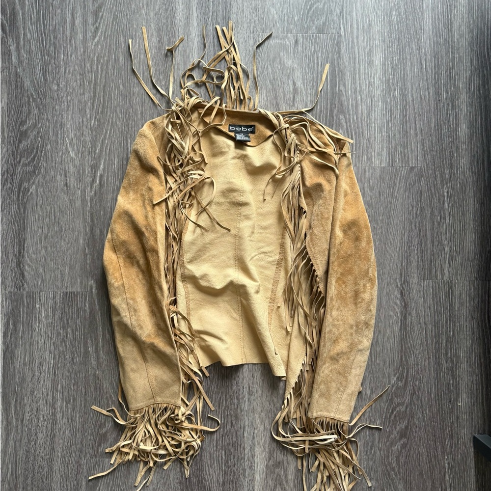 Bebe Camel Fringe Suede Jacket